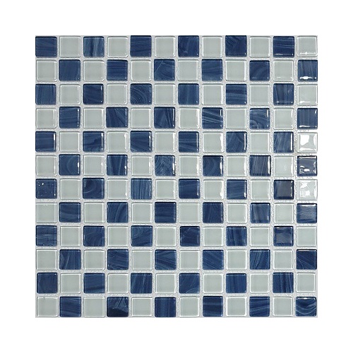 کاشی استخری شیشه ای شطرنجی سفید آبی - زمرد گلس تایل Zomorod Glass Tile