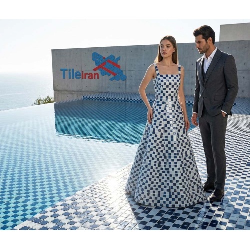 کاشی استخری شیشه ای شطرنجی سفید آبی - زمرد گلس تایل Zomorod Glass Tile